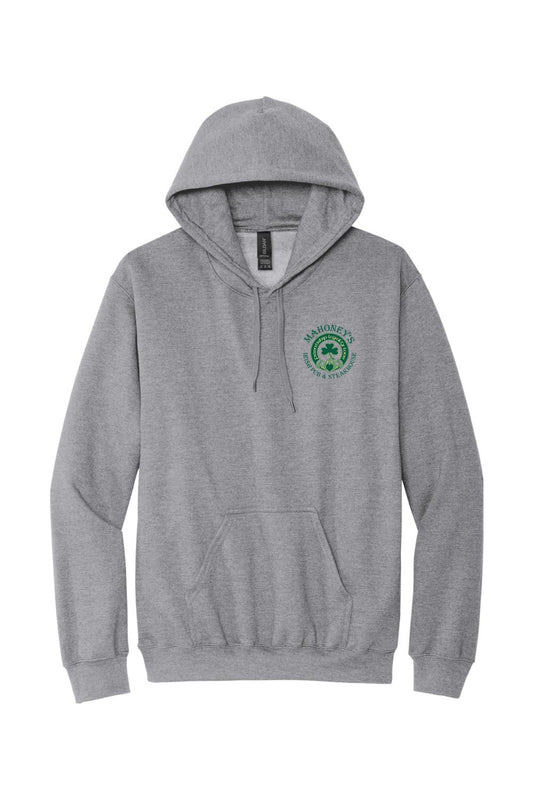 Grey midweight unisex hoodie featuring a green Mahoney's Irish Pub & Steakhouse logo on the chest.