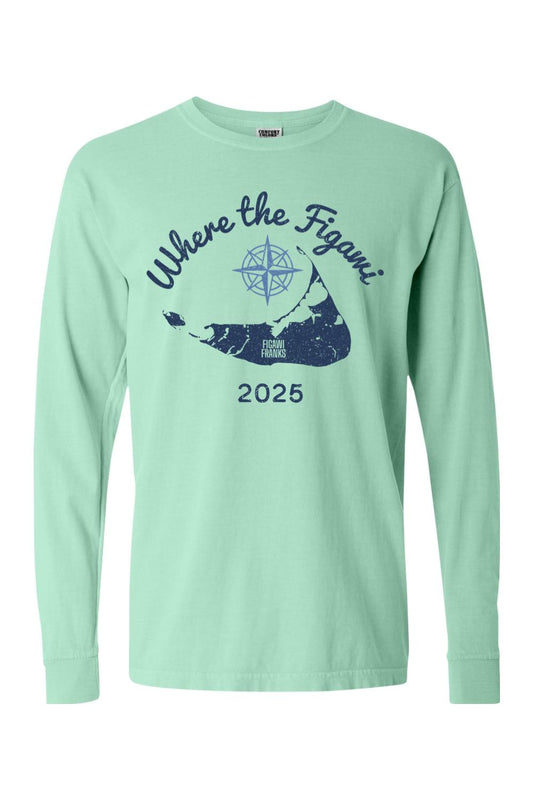 Mint green Comfort Colors long sleeve t-shirt featuring a navy Nantucket map, compass, and Where the Figawi Franks 2025 text.