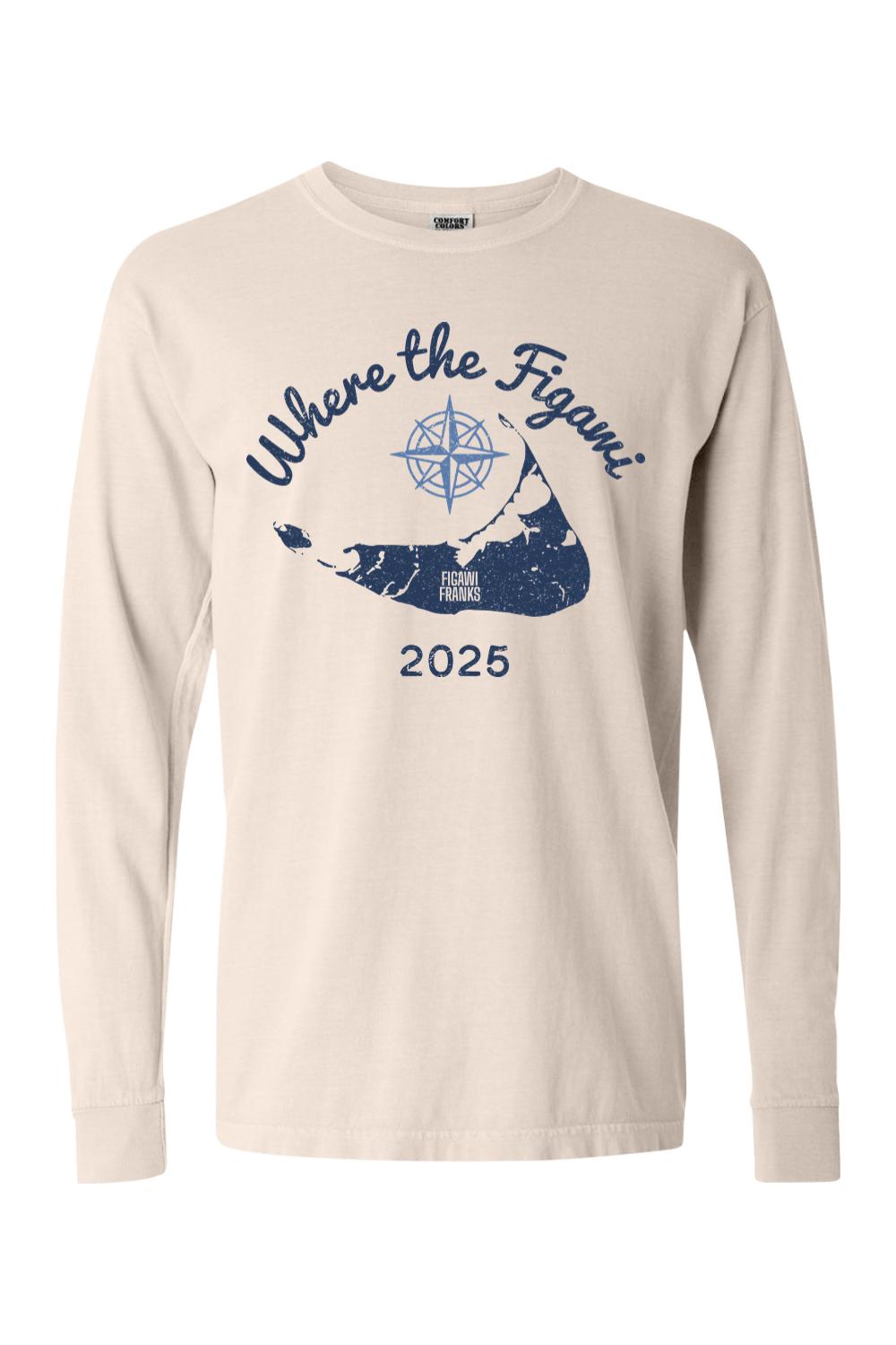 Beige Comfort Colors long sleeve tee featuring a blue Nantucket map, compass, and Where the Figawi Franks 2025 text.