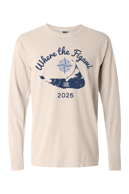 Beige Comfort Colors long sleeve tee featuring a blue Nantucket map, compass, and Where the Figawi Franks 2025 text.