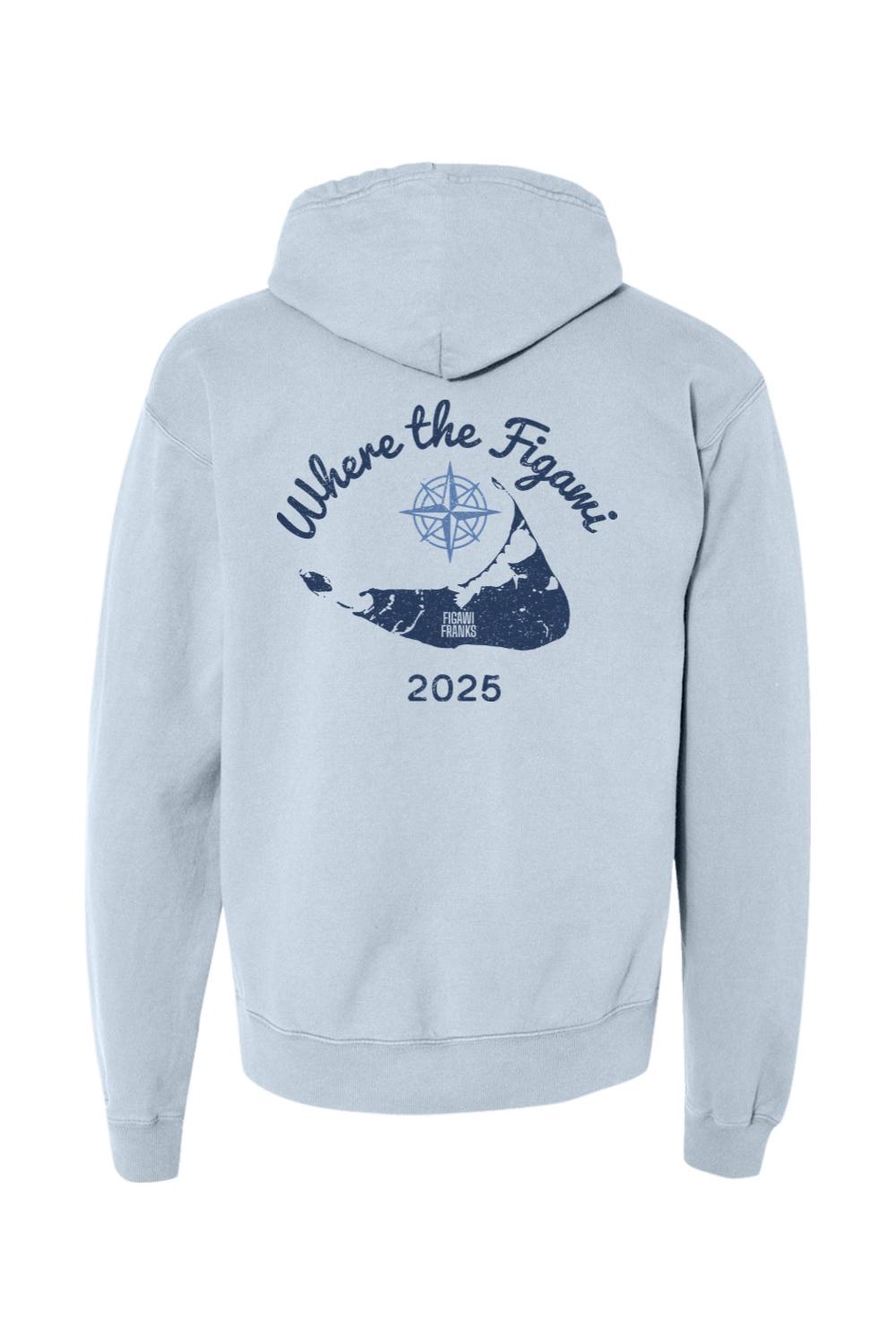 Light blue garment-dyed hoodie featuring a navy Where the Figawi Franks 2025 graphic on the back.