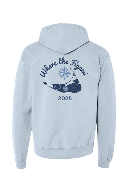 Light blue garment-dyed hoodie featuring a navy Where the Figawi Franks 2025 graphic on the back.