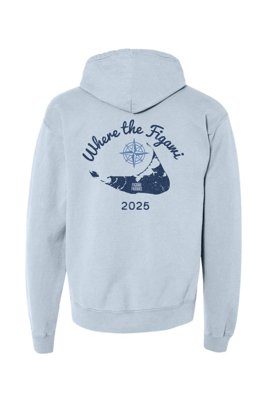 Light blue garment-dyed hoodie featuring a navy Where the Figawi Franks 2025 graphic on the back.
