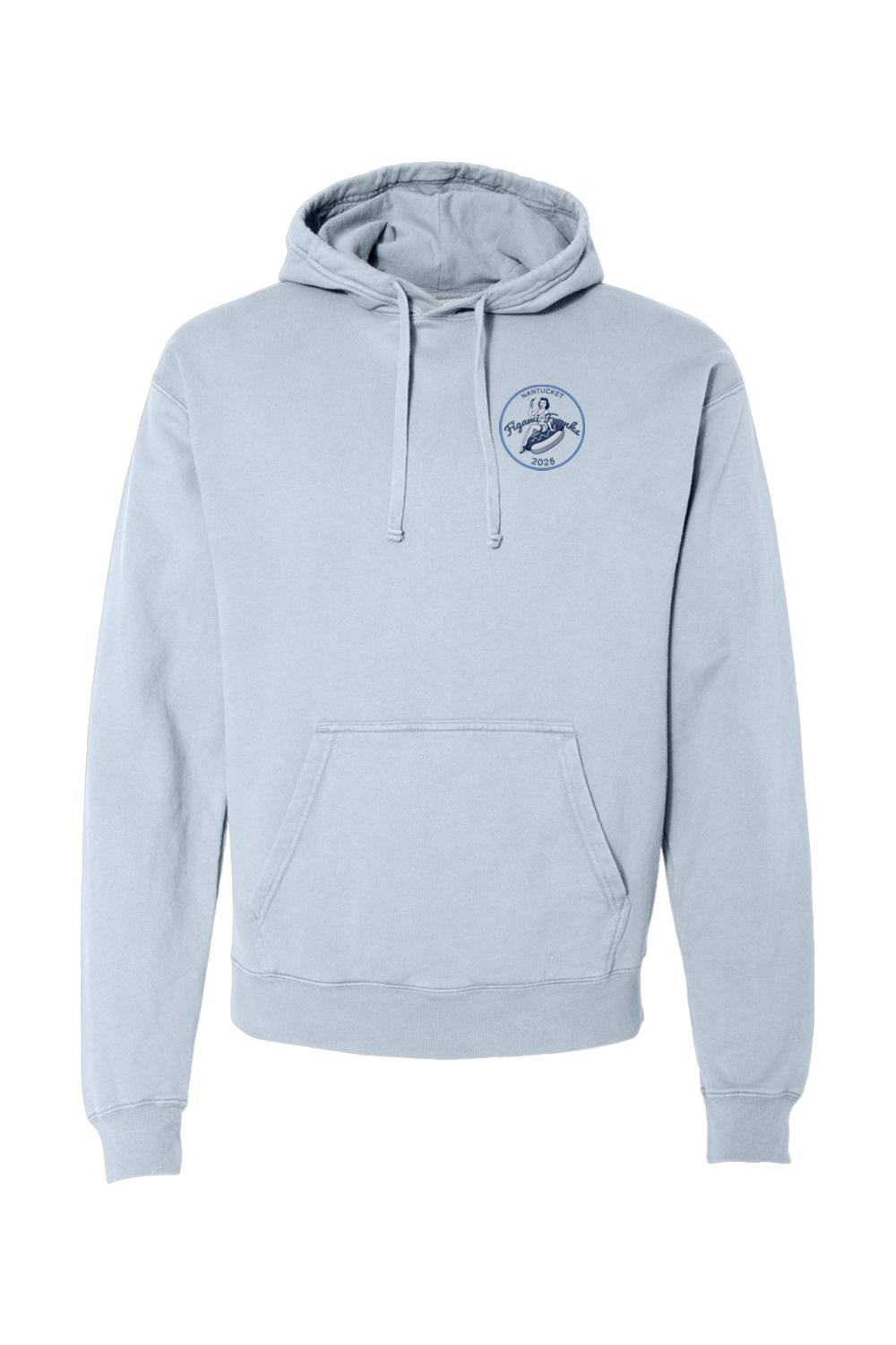 Light blue garment-dyed hoodie with a small "Where the Figawi Franks?" 2025 logo on the chest and front pocket.