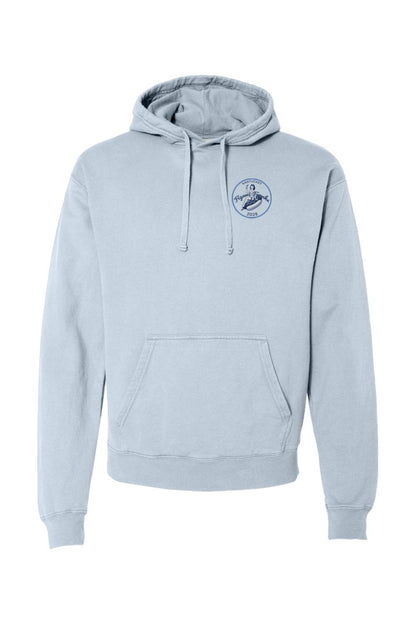 Light blue garment-dyed hoodie with a small "Where the Figawi Franks?" 2025 logo on the chest and front pocket.