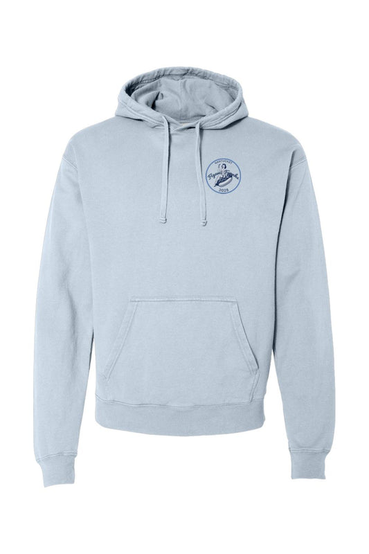 Light blue garment-dyed hoodie with a small "Where the Figawi Franks?" 2025 logo on the chest and front pocket.