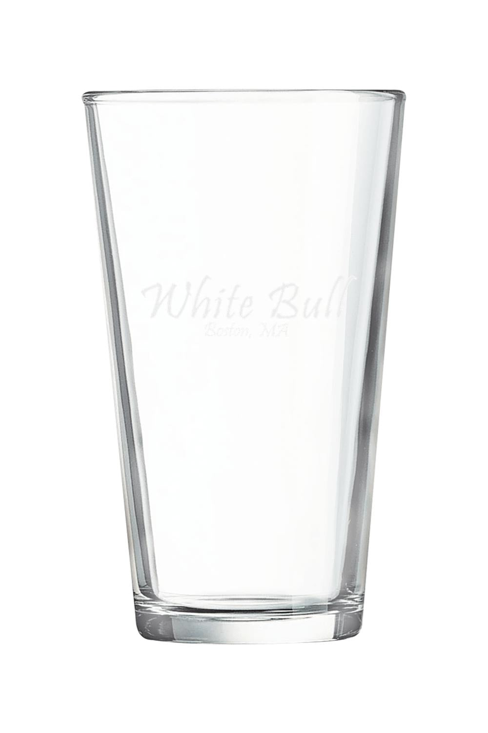 Clear 16 oz. Boston pint mixing glass featuring White Bull Boston, MA etched branding on the front.