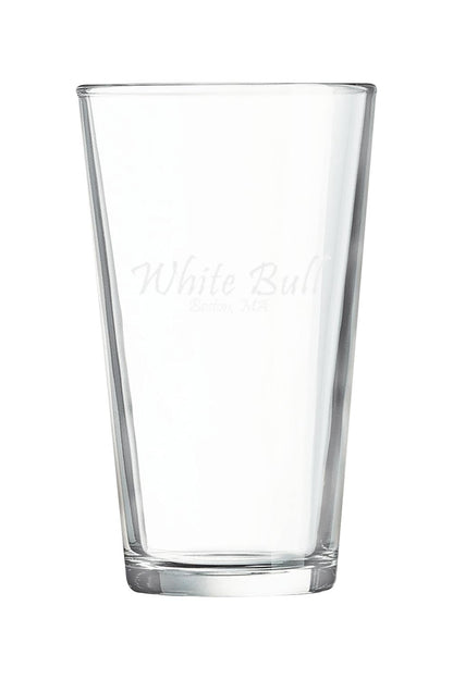 Clear 16 oz. Boston pint mixing glass featuring White Bull Boston, MA etched branding on the front.