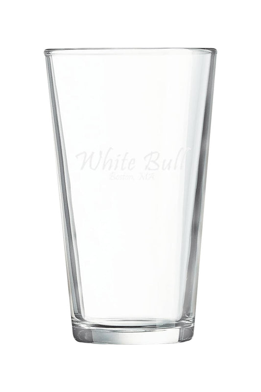 Clear 16 oz. Boston pint mixing glass featuring White Bull Boston, MA etched branding on the front.