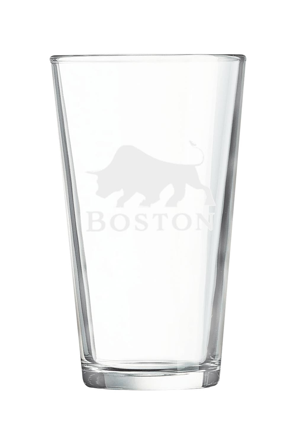 Clear 16 oz. Boston pint mixing glass featuring a white bull silhouette and Boston text logo.