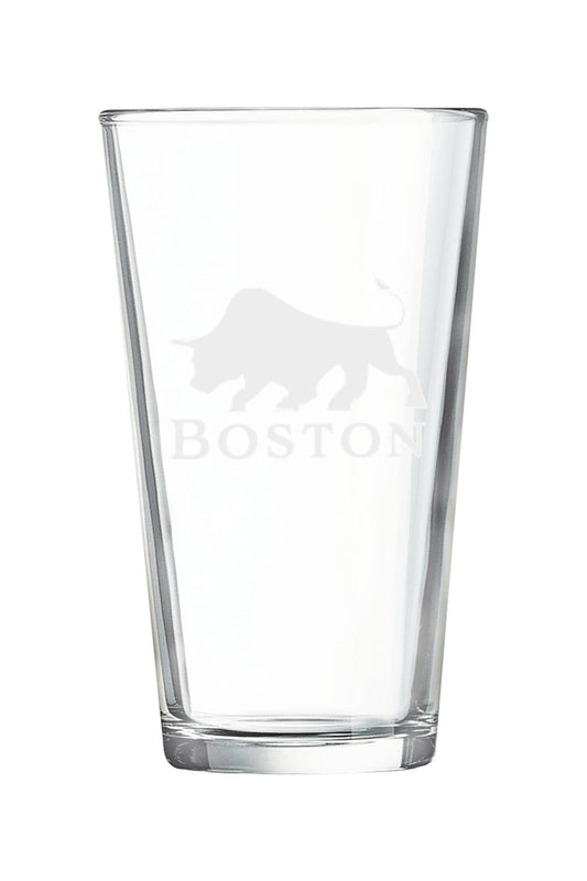 Clear 16 oz. Boston pint mixing glass featuring a white bull silhouette and Boston text logo.
