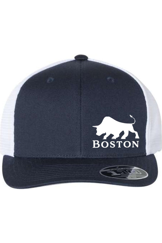 Navy blue and white trucker hat featuring a white bull graphic and Boston text on the front with a mesh back.