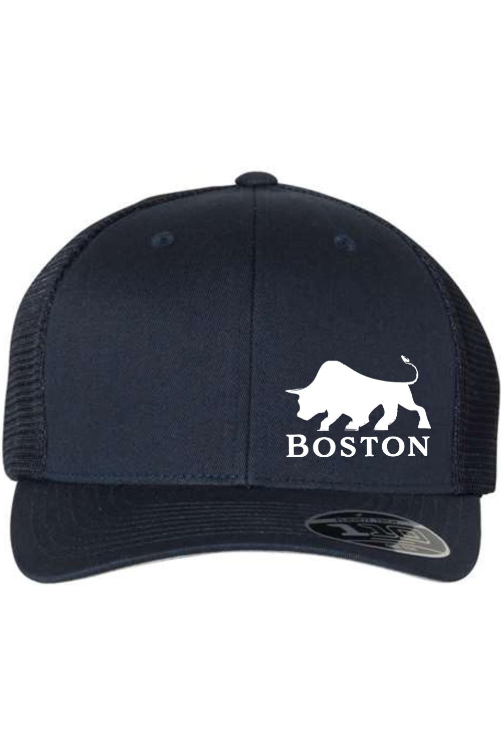 Navy blue Flexfit trucker hat with a white bull graphic and Boston text on the front panel and breathable mesh back.
