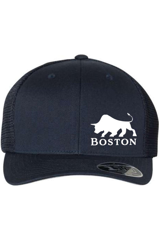 Navy blue Flexfit trucker hat with a white bull graphic and Boston text on the front panel and breathable mesh back.