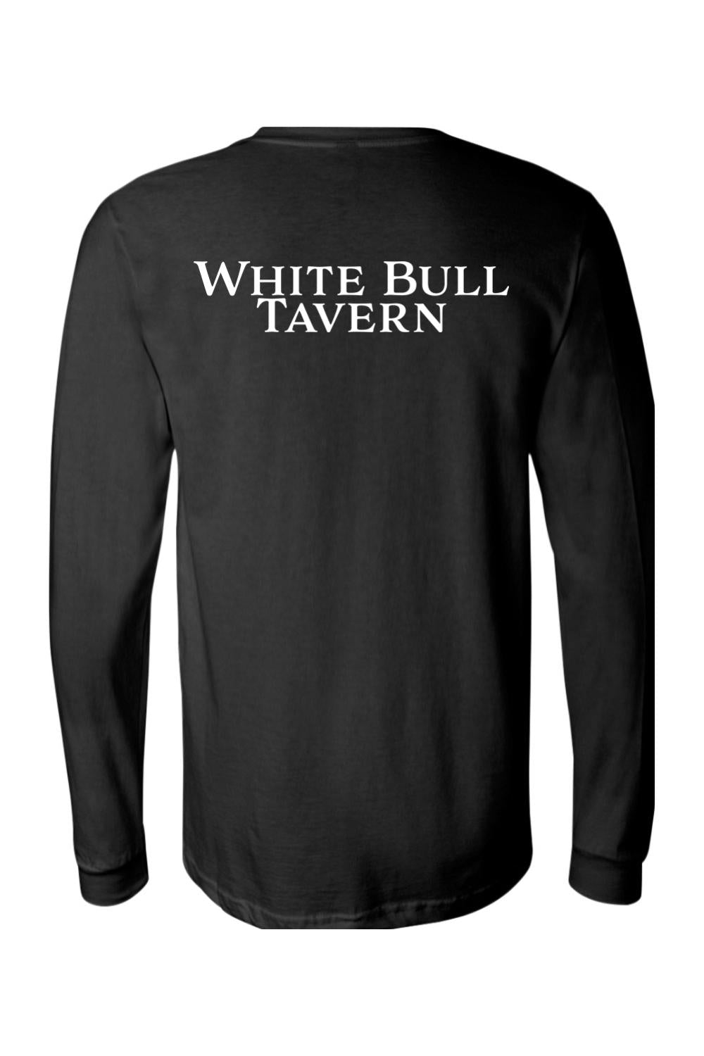 Black long-sleeve cotton t-shirt featuring White Bull Tavern text in white on the back.