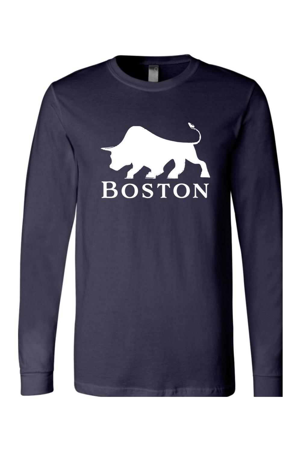 Navy blue long sleeve cotton t-shirt featuring a white bull graphic and the word Boston printed on the chest.