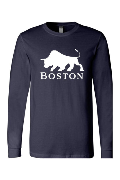 Navy blue long sleeve cotton t-shirt featuring a white bull graphic and the word Boston printed on the chest.