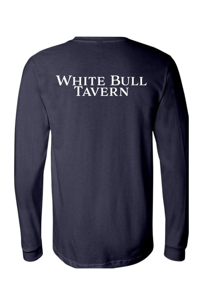 Navy blue long-sleeve cotton t-shirt featuring White Bull Tavern text in white on the back.