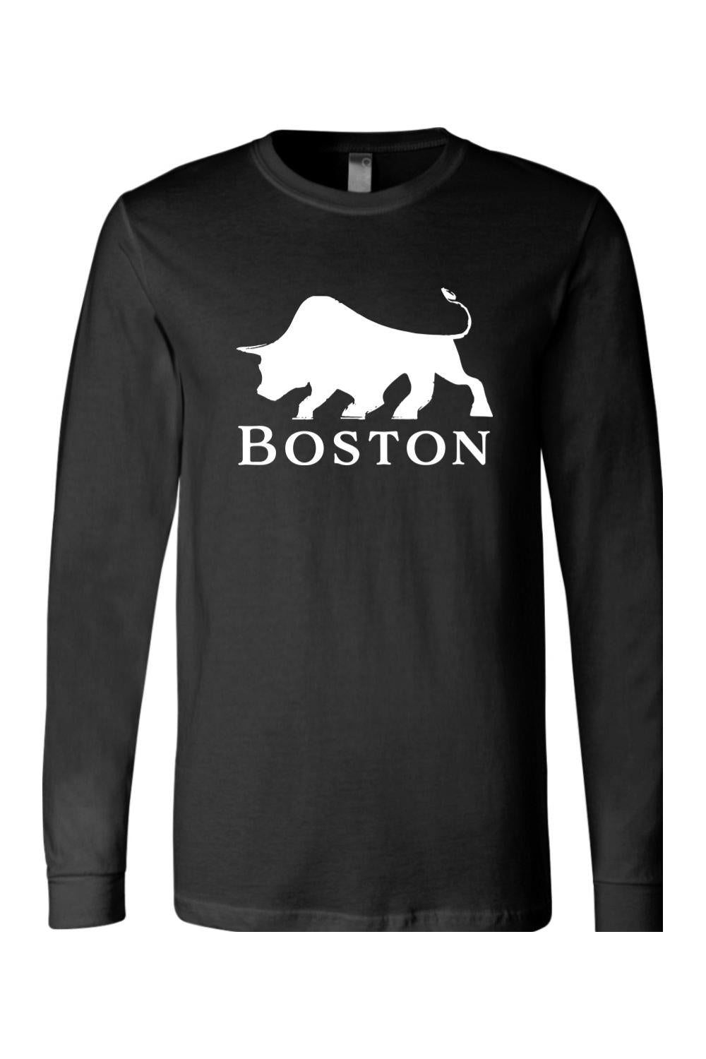Black long-sleeve cotton t-shirt featuring a white bull graphic and Boston text on the chest.