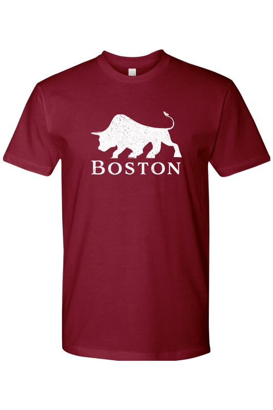 Maroon cotton men's t-shirt featuring a distressed white graphic of a bull above the word BOSTON.