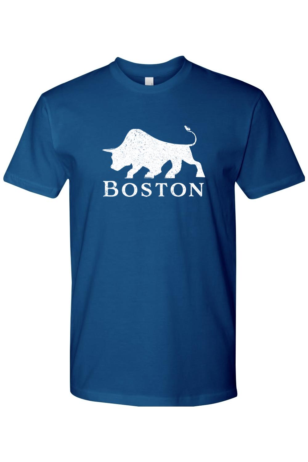 Royal blue cotton men's t-shirt featuring a distressed white bull graphic and the word Boston printed below.
