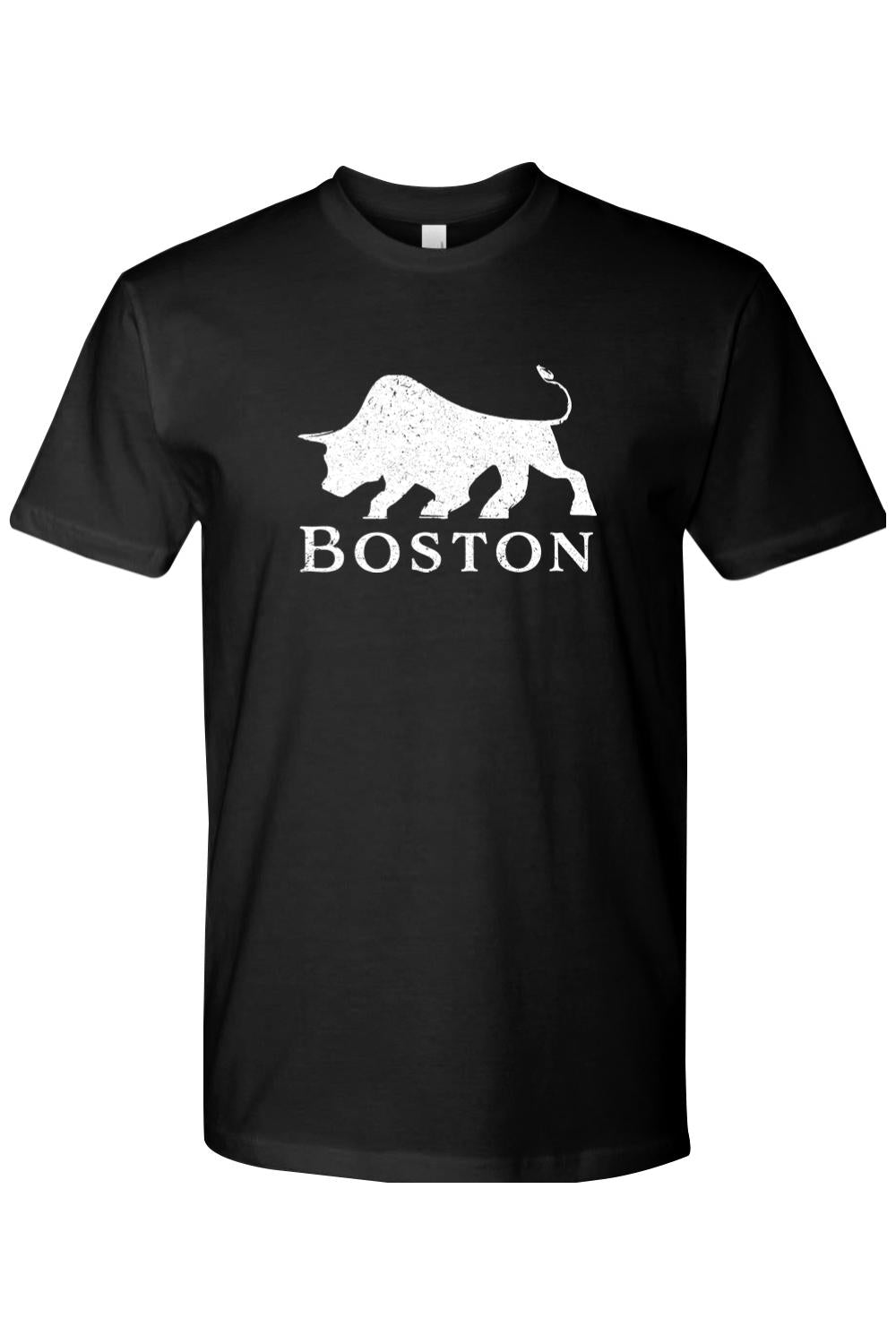 Black cotton men's t-shirt featuring a distressed white bull graphic and the word Boston printed on the chest.