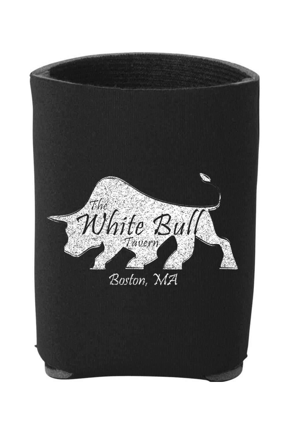 Black foam can cooler featuring a white bull silhouette logo for The White Bull Tavern in Boston, MA.