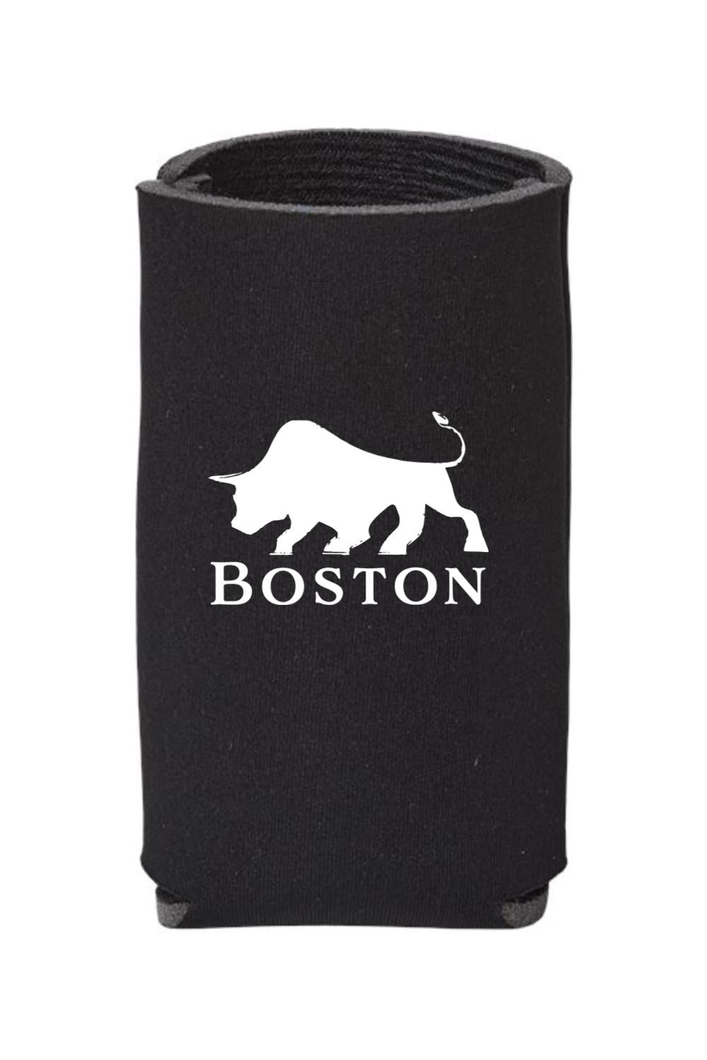 Black slim can cooler featuring a white bull silhouette and Boston text printed on soft, insulated material.