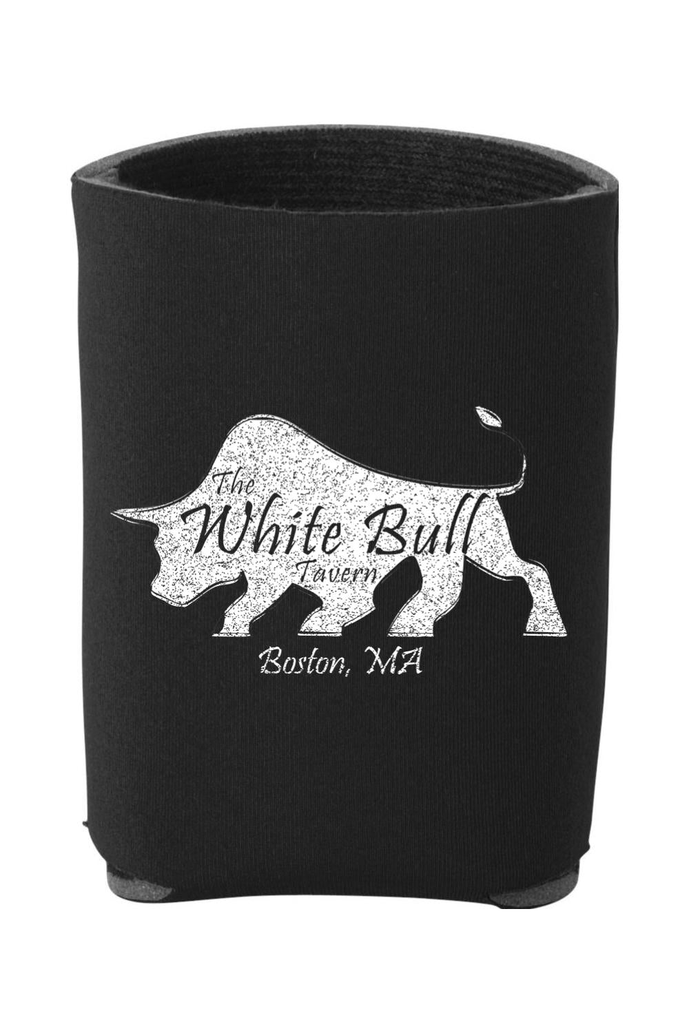 Black foam can cooler featuring a white bull silhouette logo with The White Bull Tavern Boston, MA text.