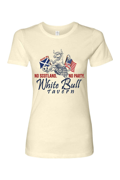 Cream women's cotton t-shirt featuring a bull in a kilt with Scottish and American flags and White Bull Tavern text.