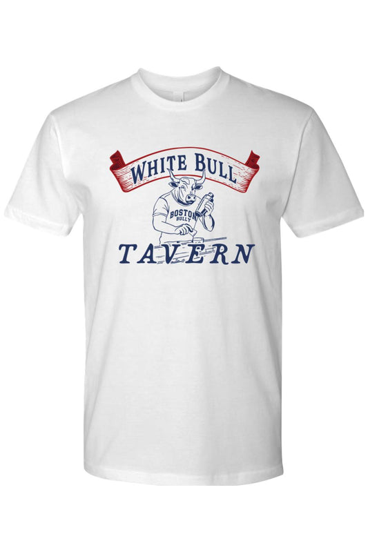 White 100% cotton t-shirt featuring a White Bull Tavern Boston Bully graphic with a bull bartender illustration.