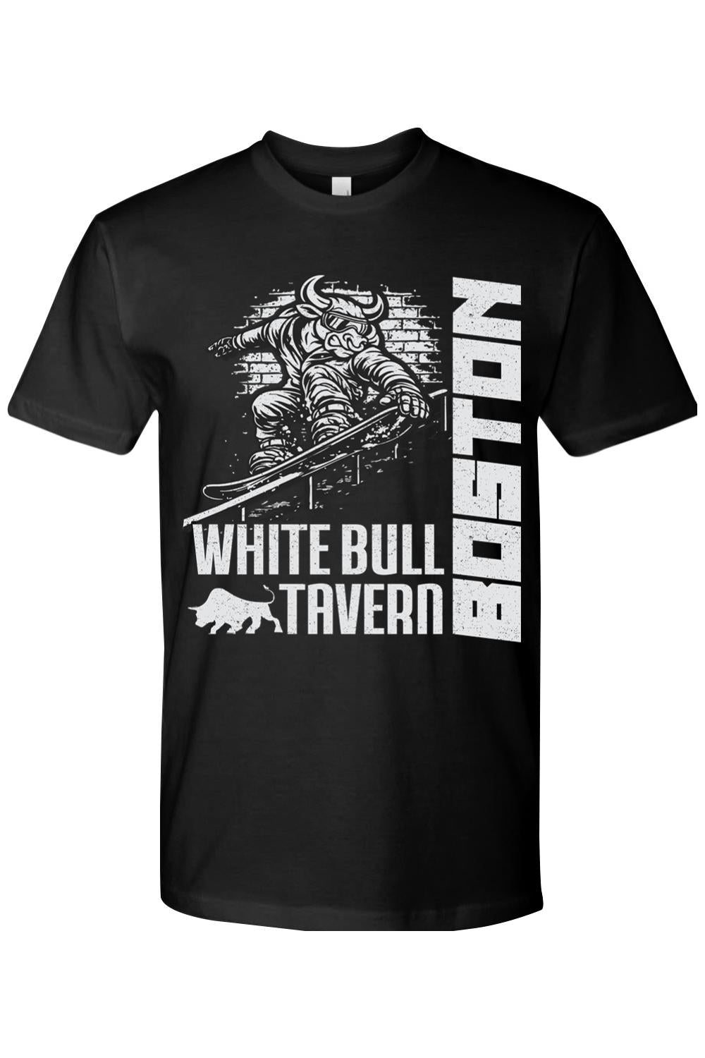 Black cotton t-shirt featuring a white graphic of a bull snowboarding with White Bull Tavern and Boston text.