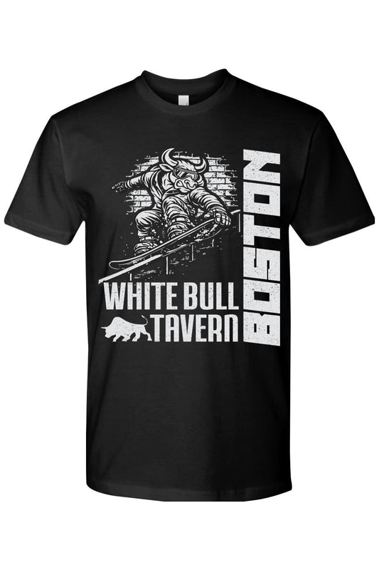 Black cotton t-shirt featuring a white graphic of a bull snowboarding with White Bull Tavern and Boston text.