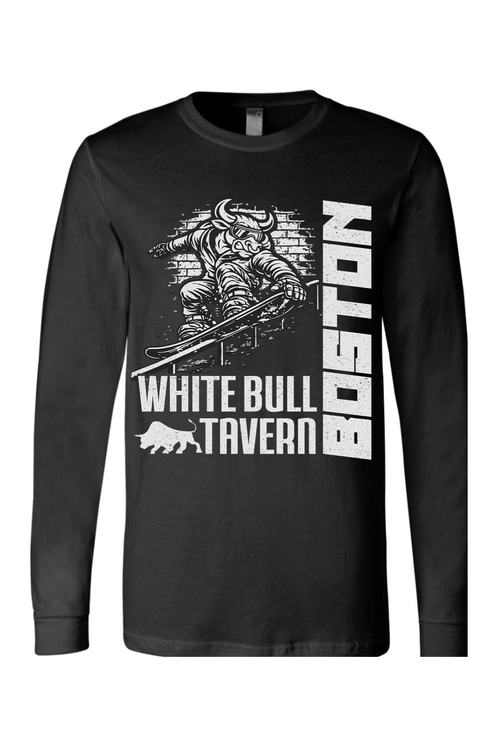 Black long-sleeve cotton t-shirt featuring a white graphic of a bull snowboarding and White Bull Tavern Boston text.