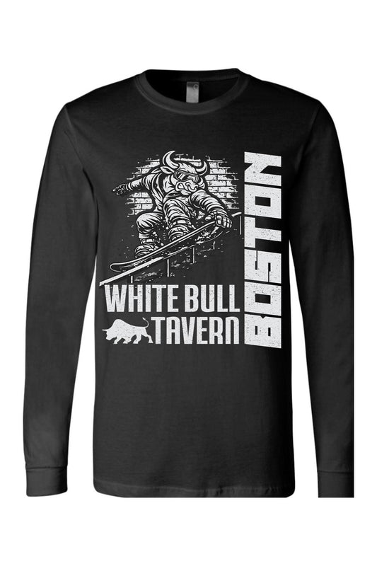 Black long-sleeve cotton t-shirt featuring a white graphic of a bull snowboarding and White Bull Tavern Boston text.