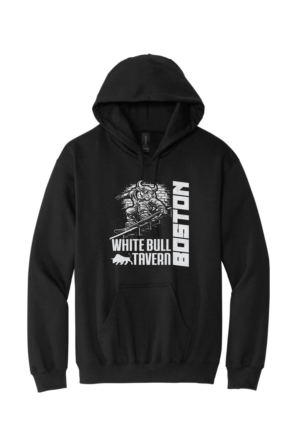 Black cotton-blend hoodie featuring a white graphic of a bull snowboarding and White Bull Tavern Boston text.
