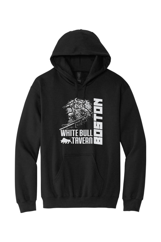 Black cotton-blend hoodie featuring a white graphic of a bull snowboarding and White Bull Tavern Boston text.