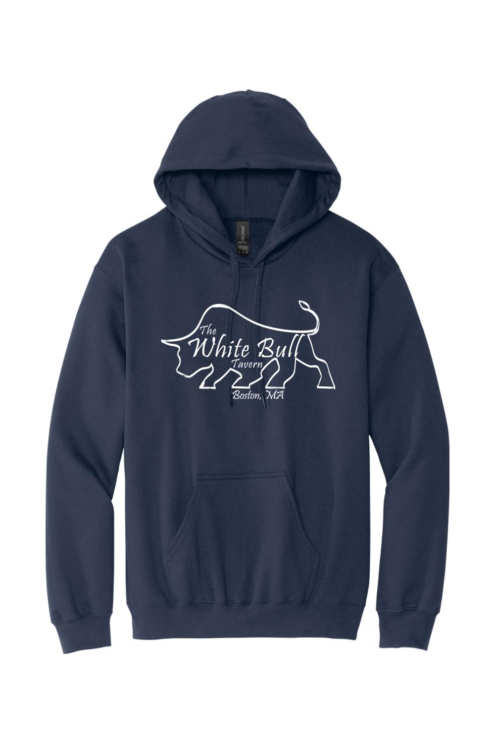 Navy blue midweight hoodie featuring a white outline of a bull and The White Bull Tavern Boston, MA logo.