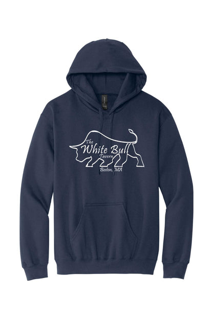 Navy blue midweight hoodie featuring a white outline of a bull and The White Bull Tavern Boston, MA logo.