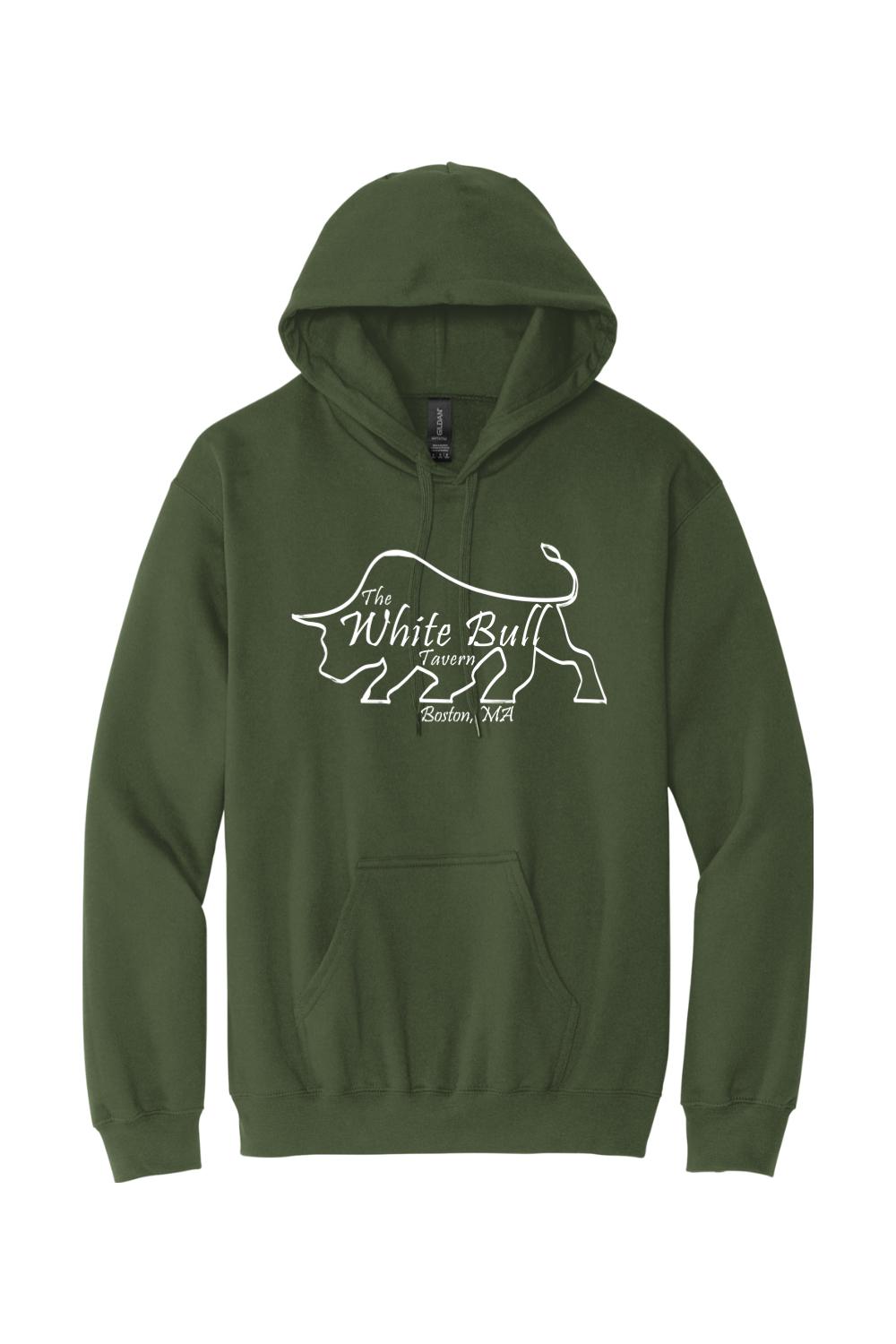 Olive green midweight pullover hoodie featuring a white line-art bull logo and The White Bull Tavern text.