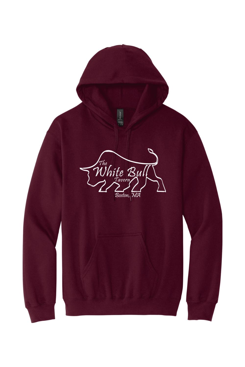 Maroon midweight pullover hoodie featuring a white line-art bull logo and The White Bull Tavern Boston, MA text.