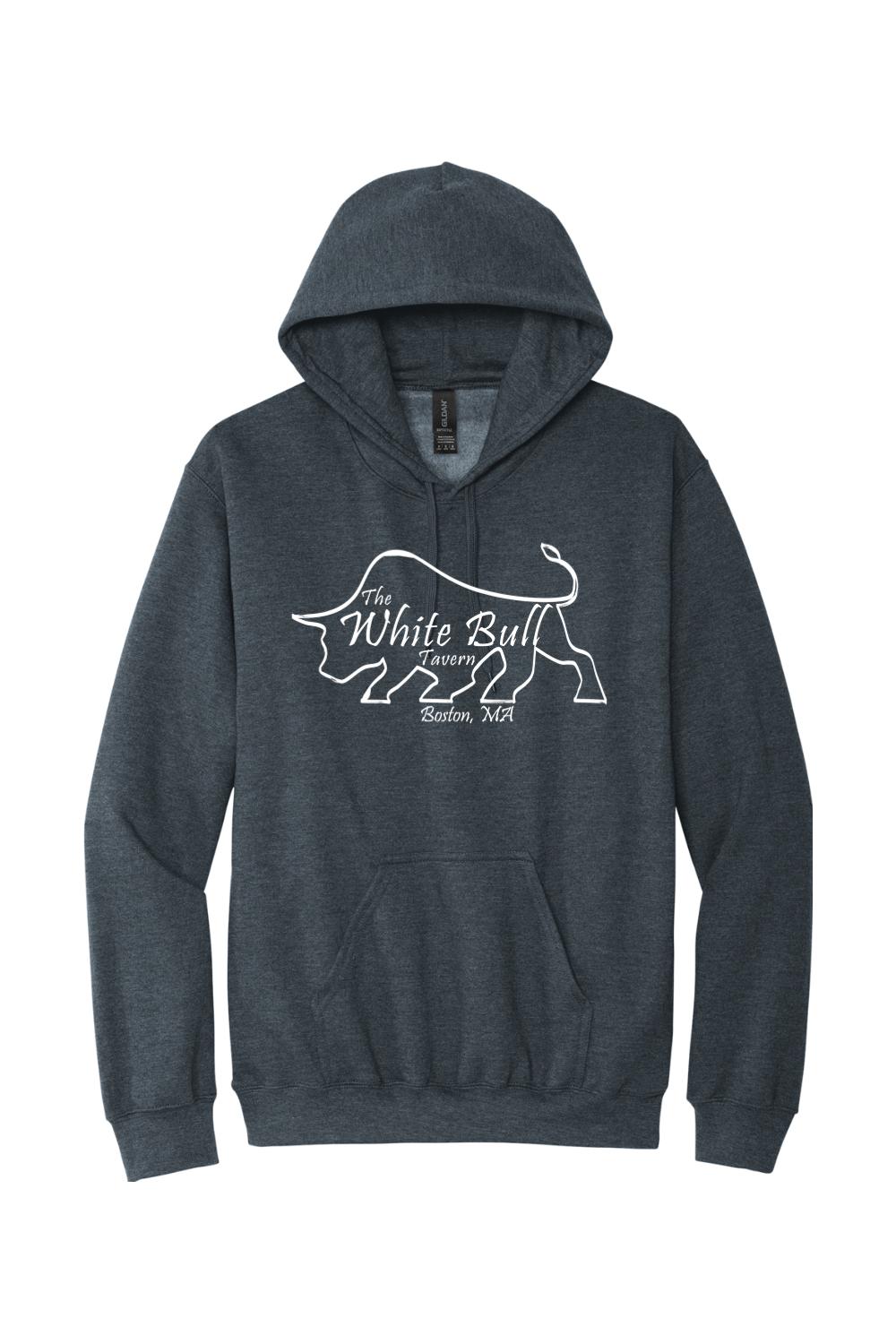 Dark heather gray midweight hoodie featuring a white bull logo and The White Bull Tavern Boston, MA text.