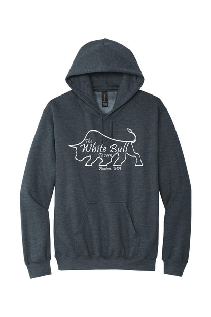 Dark heather gray midweight hoodie featuring a white bull logo and The White Bull Tavern Boston, MA text.