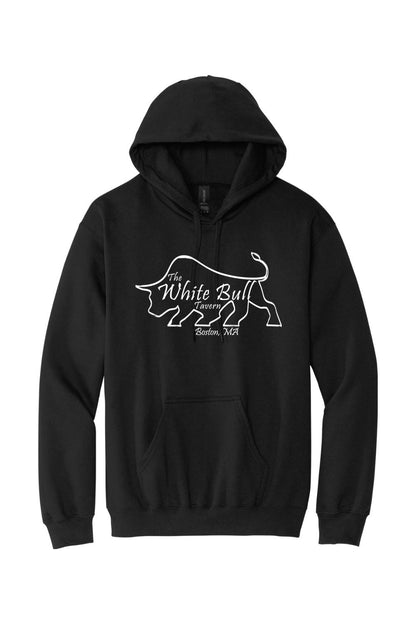 Black midweight pullover hoodie featuring a white line-art bull logo and The White Bull Tavern Boston, MA text.
