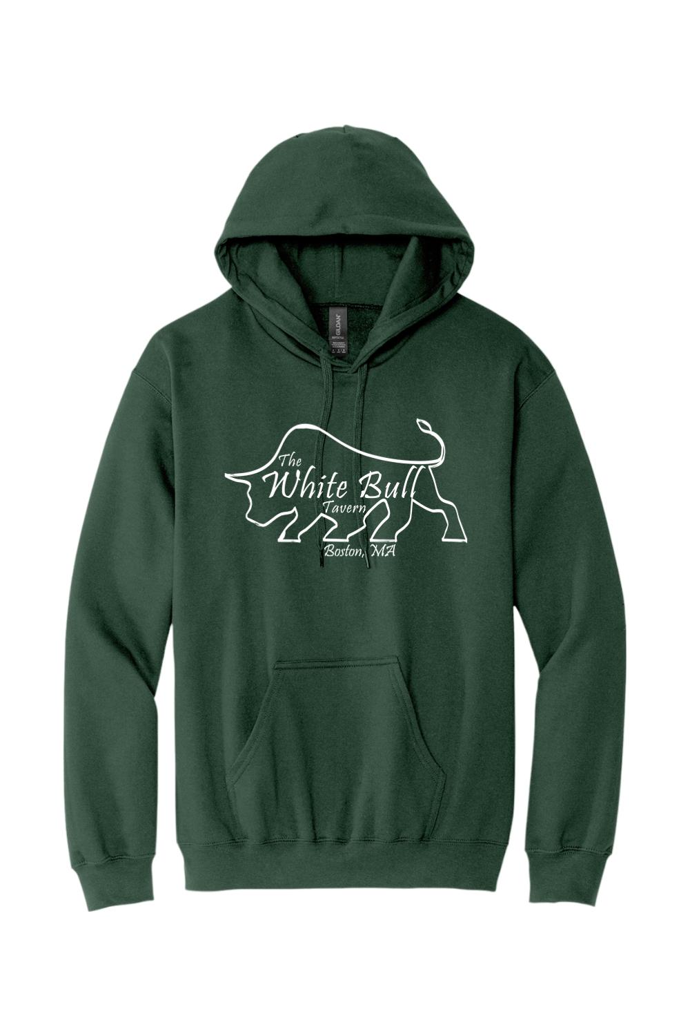 Dark green midweight hoodie featuring a white line-art bull logo and The White Bull Tavern Boston text.