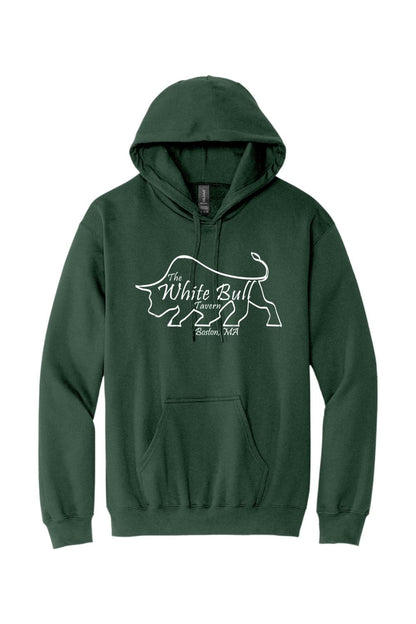 Dark green midweight hoodie featuring a white line-art bull logo and The White Bull Tavern Boston text.