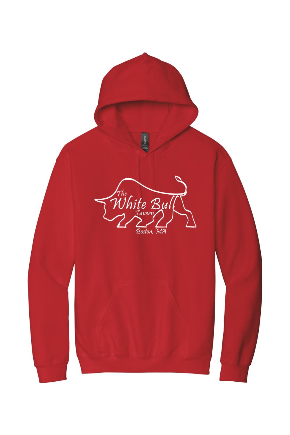Red midweight hoodie featuring a white outline of a bull and The White Bull Tavern Boston, MA logo on the front.