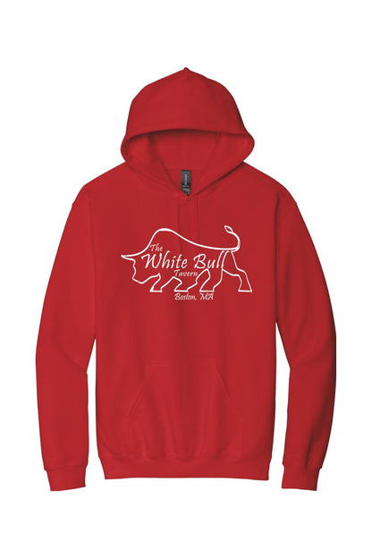 Red midweight hoodie featuring a white outline of a bull and The White Bull Tavern Boston, MA logo on the front.