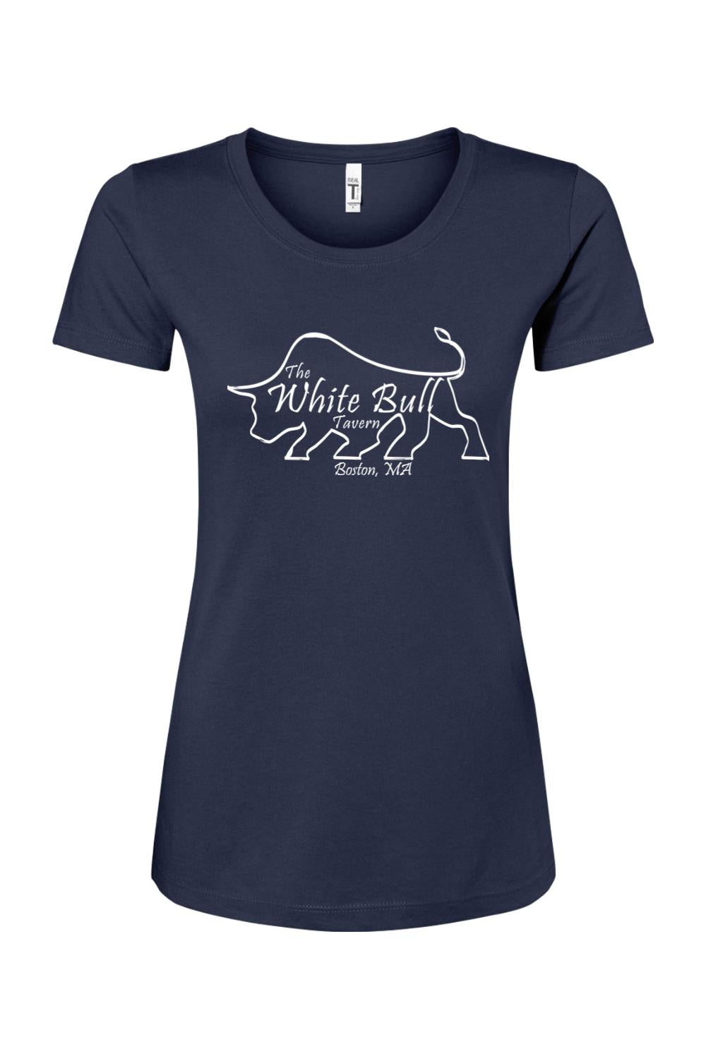Navy blue women's crew neck t-shirt featuring a white line-art bull logo and White Bull Tavern Boston text.