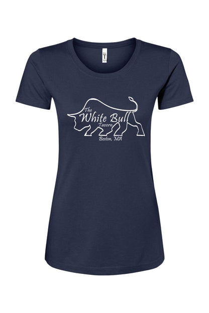 Navy blue women's crew neck t-shirt featuring a white line-art bull logo and White Bull Tavern Boston text.
